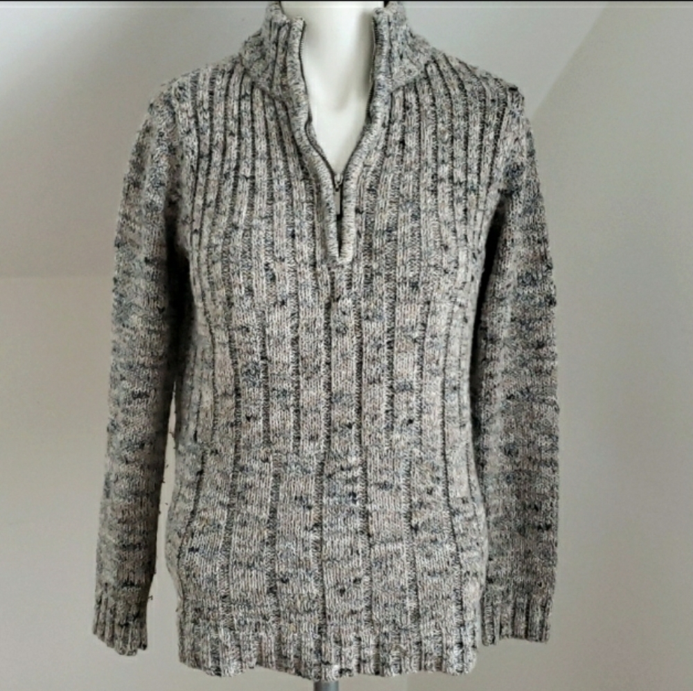 Liz Claiborne Ribbed Marbled Tan & Gray Knit 1/4 Zip Sweater, Size M
